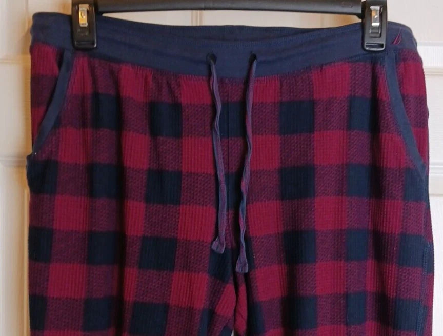 Nautica Pajama Set Womens Medium Waffle Thermal Blue Red Plaid #Q10