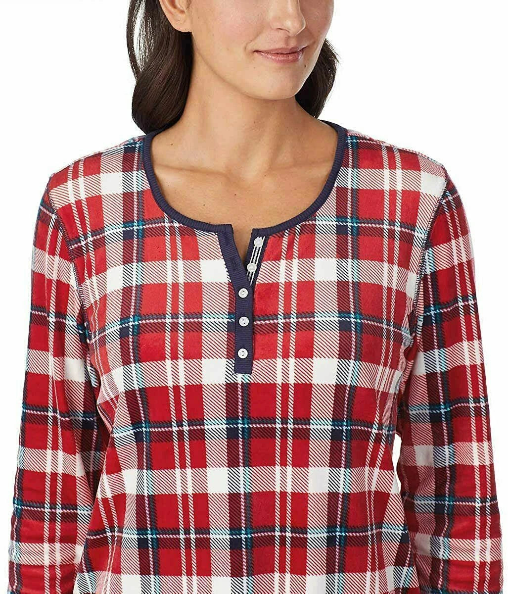 Nautica Women's 2 Piece Fleece Pajama Sleepwear Set Red White Plaid SMALL