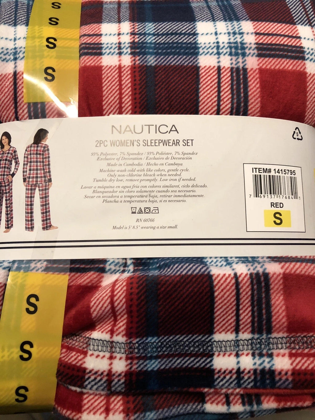 Nautica Women's 2 Piece Fleece Pajama Sleepwear Set Red White Plaid SMALL