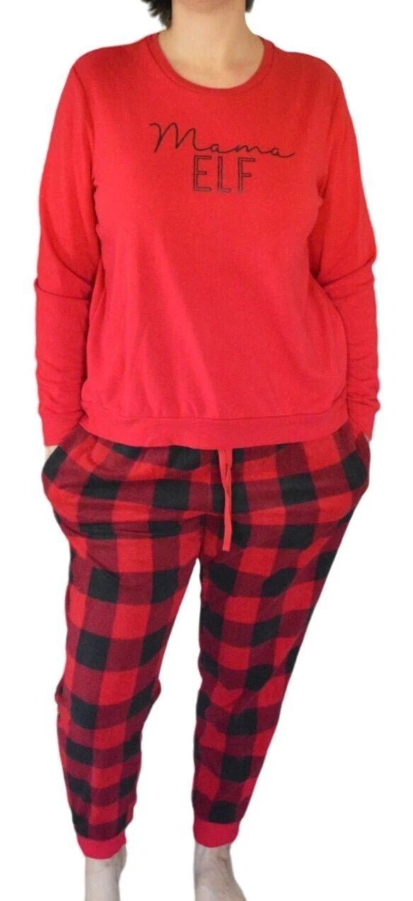 North Pole Buffalo Check Holiday Mama Elf Red Black Pajama Set Women's Large
