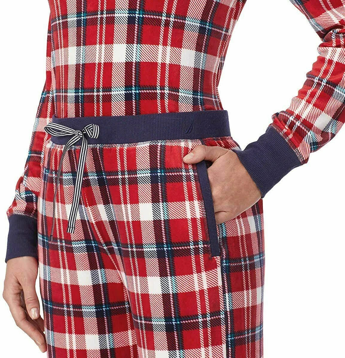Nautica Women's 2 Piece Fleece Pajama Sleepwear Set Red White Plaid SMALL