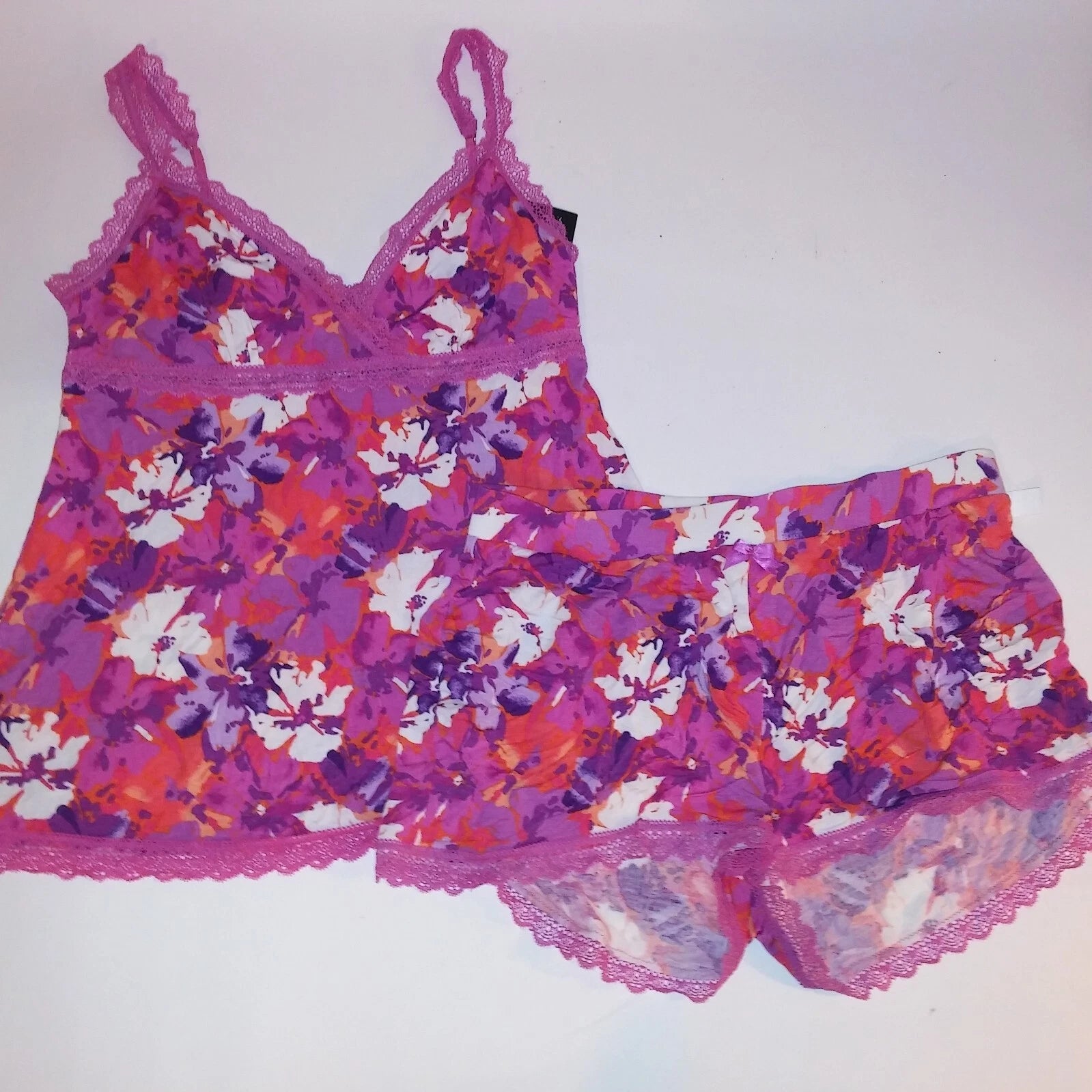 Valeria Bertinelli Camisole Set Tank Top & Shorts Medium Pink Orange Lace Trim