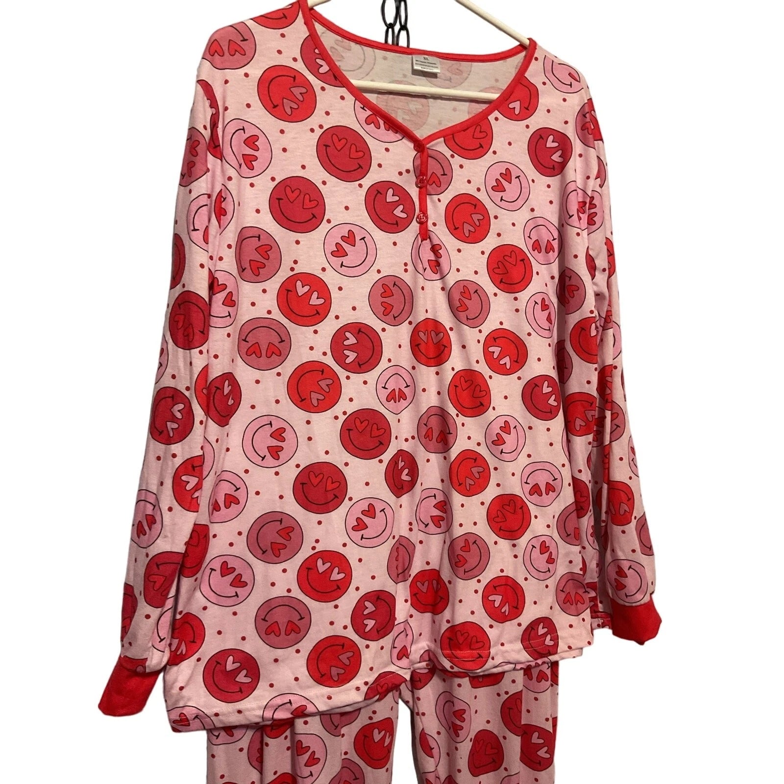 Smiley Hearts Pink Red Pajama Set Size XL