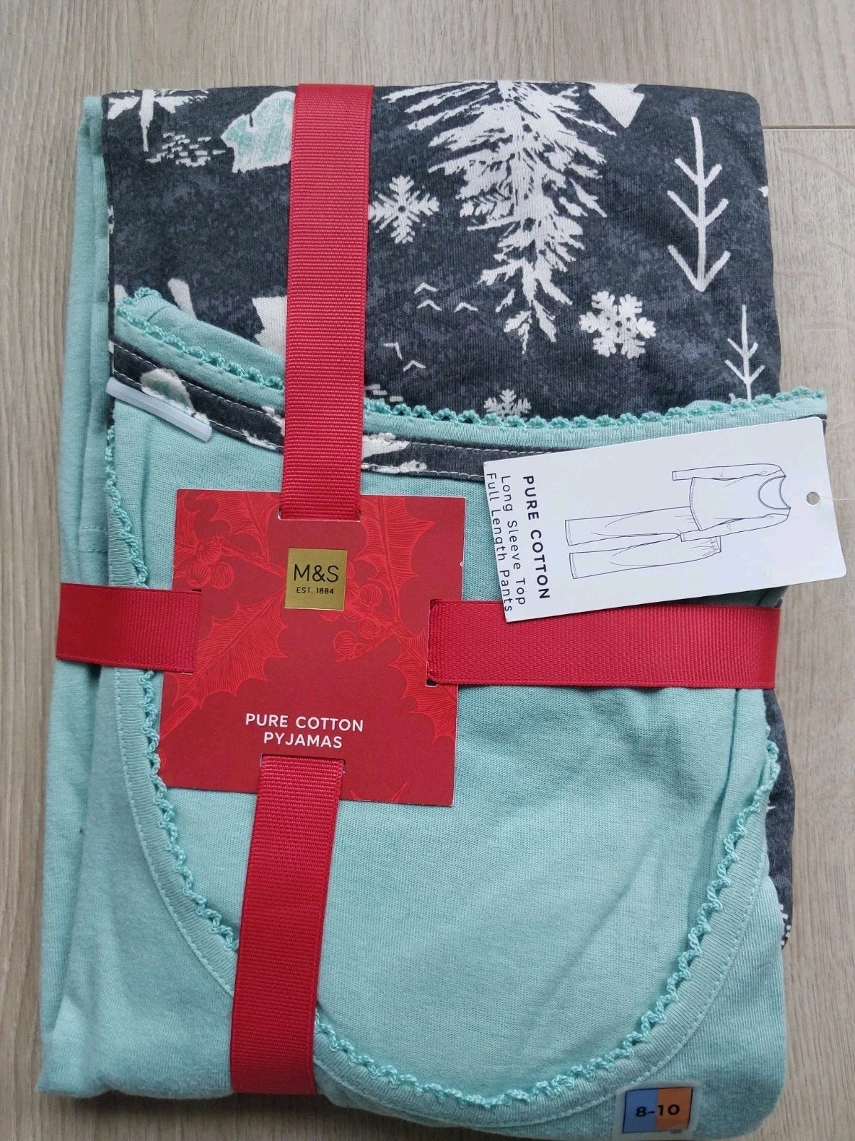 M&S Ladies Pyjama Set Size 8-10 Turquoise/ Grey Long Leg Long Sleeve New