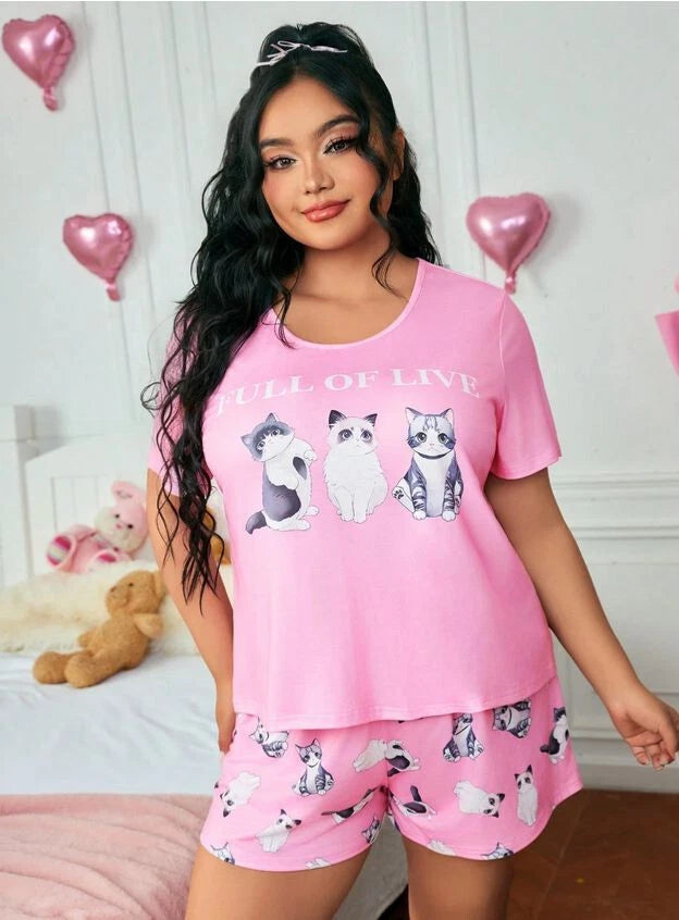 PYJAMA PLUS SIZE 18 20 22 24 26 PINK CAT STRETCH LOUNGEWEAR SHORTS COMFORT
