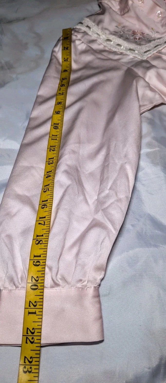 GO SOFTLY Pink Satin Cotton Lined Nightgown FLORAL Embroidered Women's Small