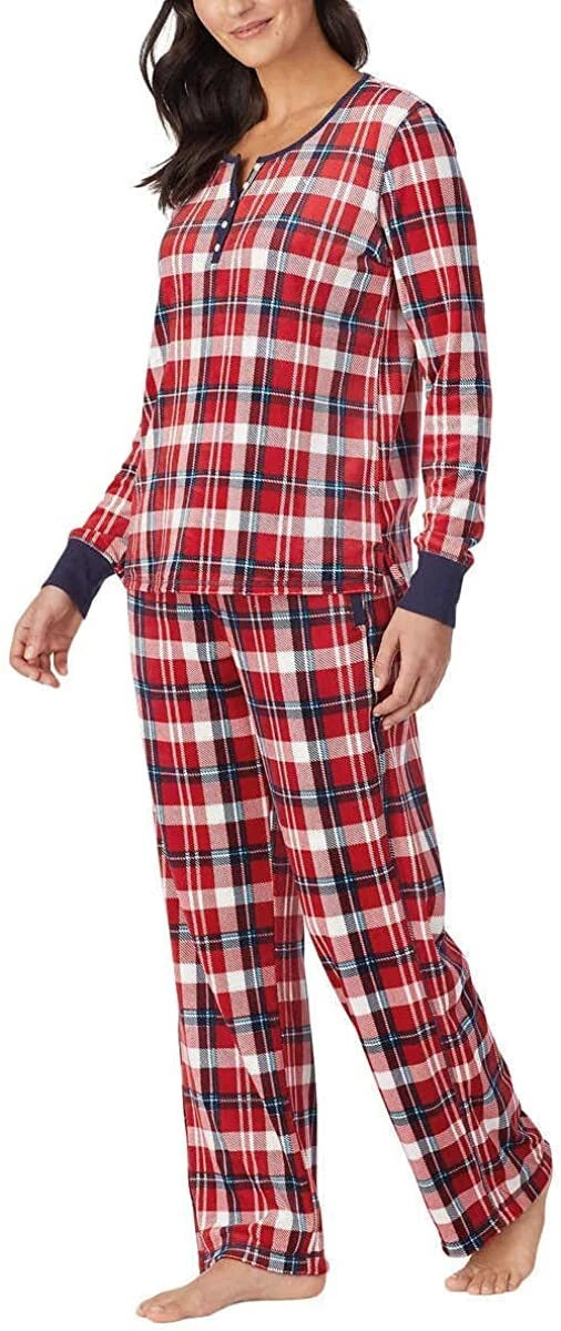 Nautica Women's 2 Piece Fleece Pajama Sleepwear Set Red White Plaid SMALL