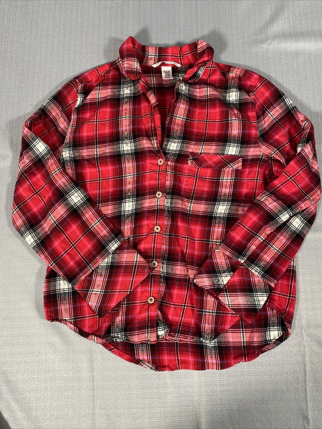 Victorias Secret Pajama Set Womens Small Plaid Red White Metallic Long Sleeve