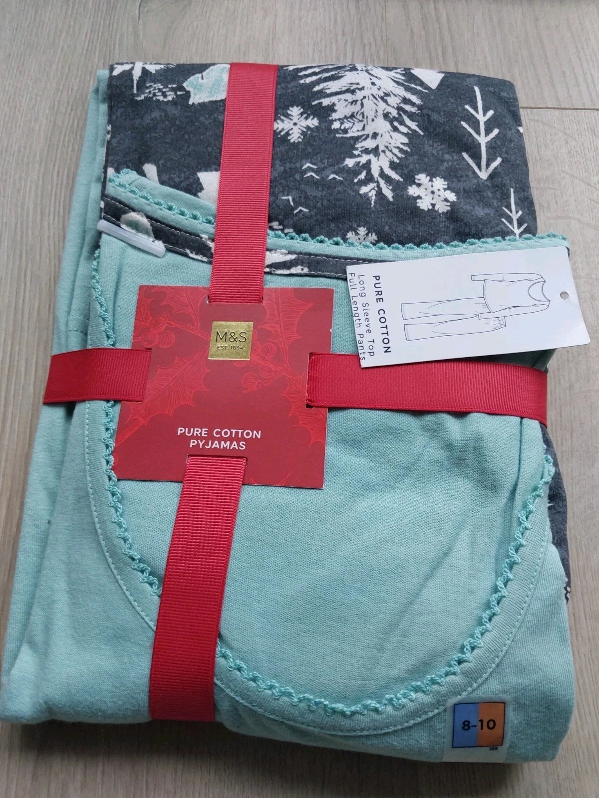 M&S Ladies Pyjama Set Size 8-10 Turquoise/ Grey Long Leg Long Sleeve New