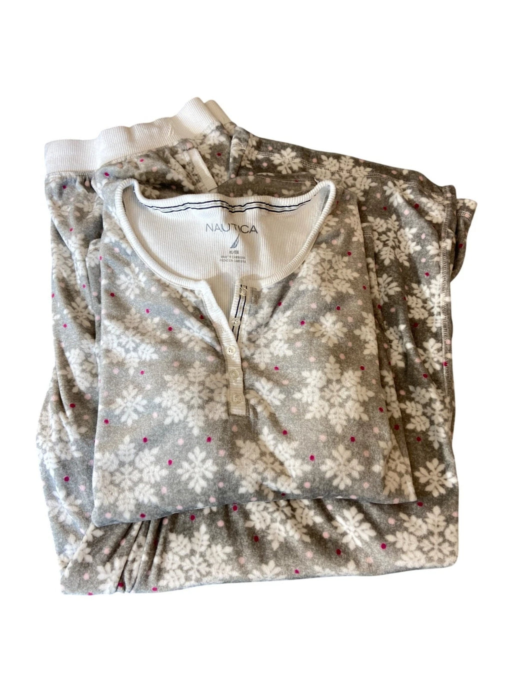 Nautica Womens Snowflake Print Pajama Set XL Gray Henley Top Elastic Waist Cozy