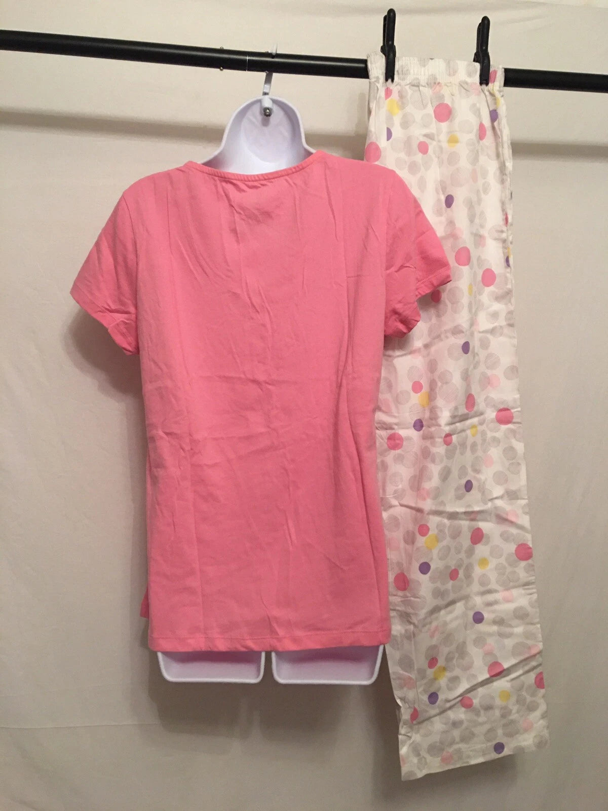 Dream cafe women's Scoop neck sleep shirt and pant pj set Large Pink pants dots