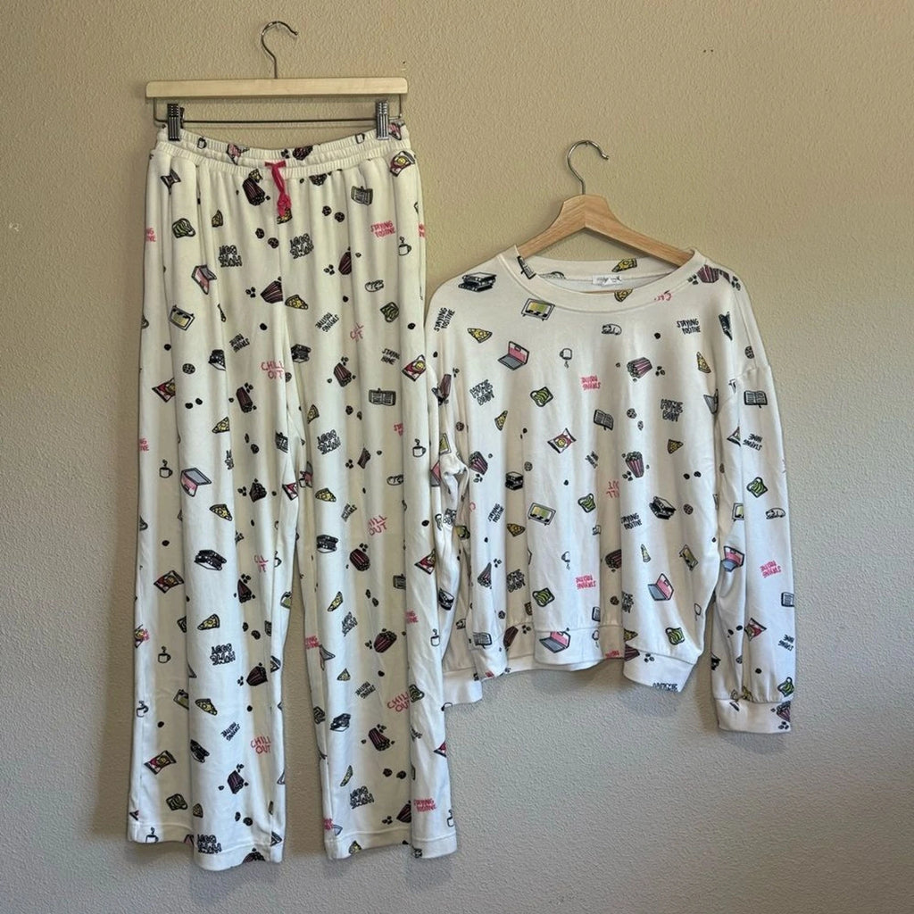 Stitch & Pine pajama set womens large emoji soft long sleeve white