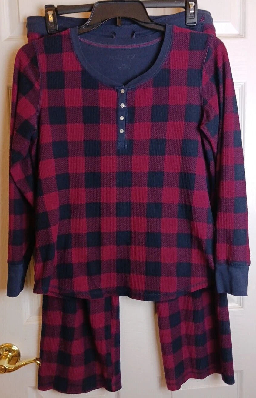 Nautica Pajama Set Womens Medium Waffle Thermal Blue Red Plaid #Q10