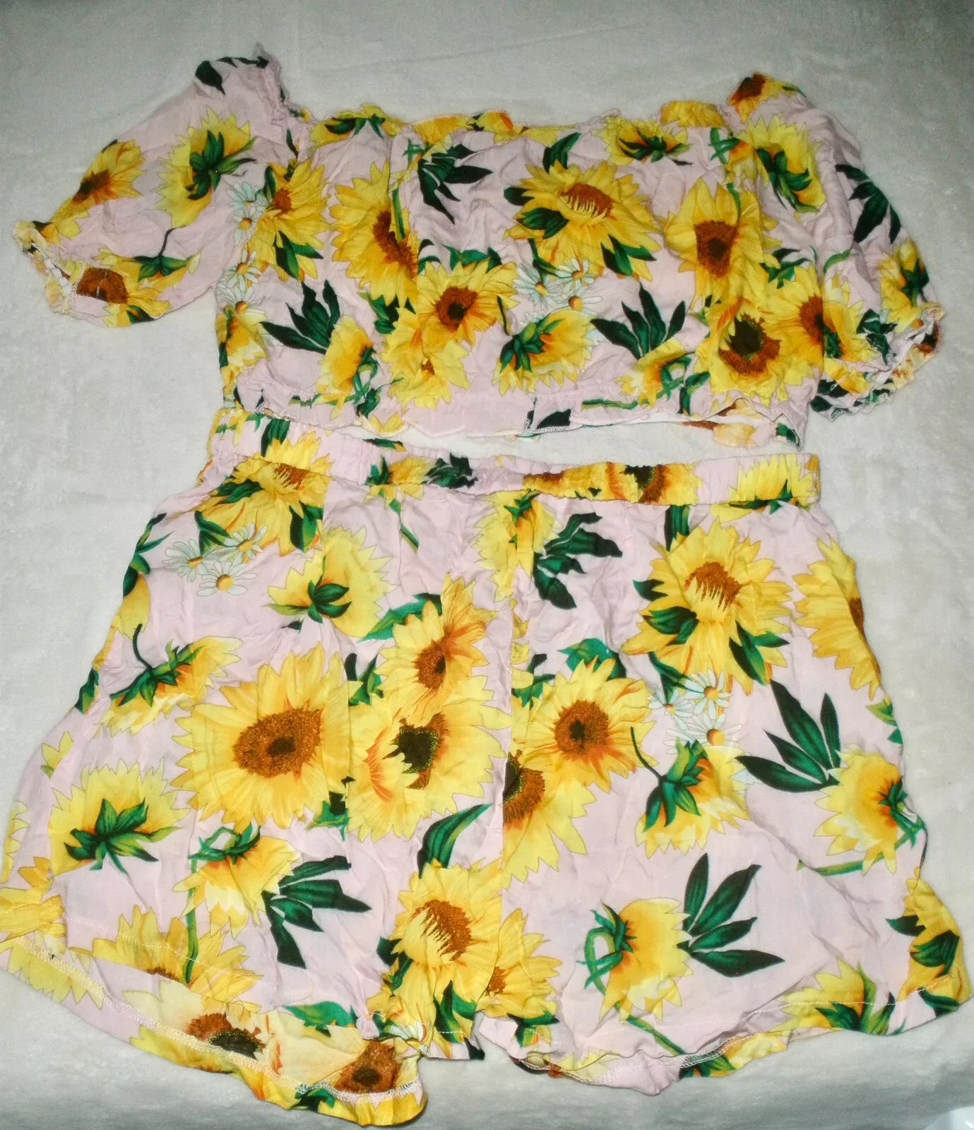 #1200 Skein 2pc PJ Sunflower Yellow Crop Top & Shorts Lounge Pajama Set 2XL Plus