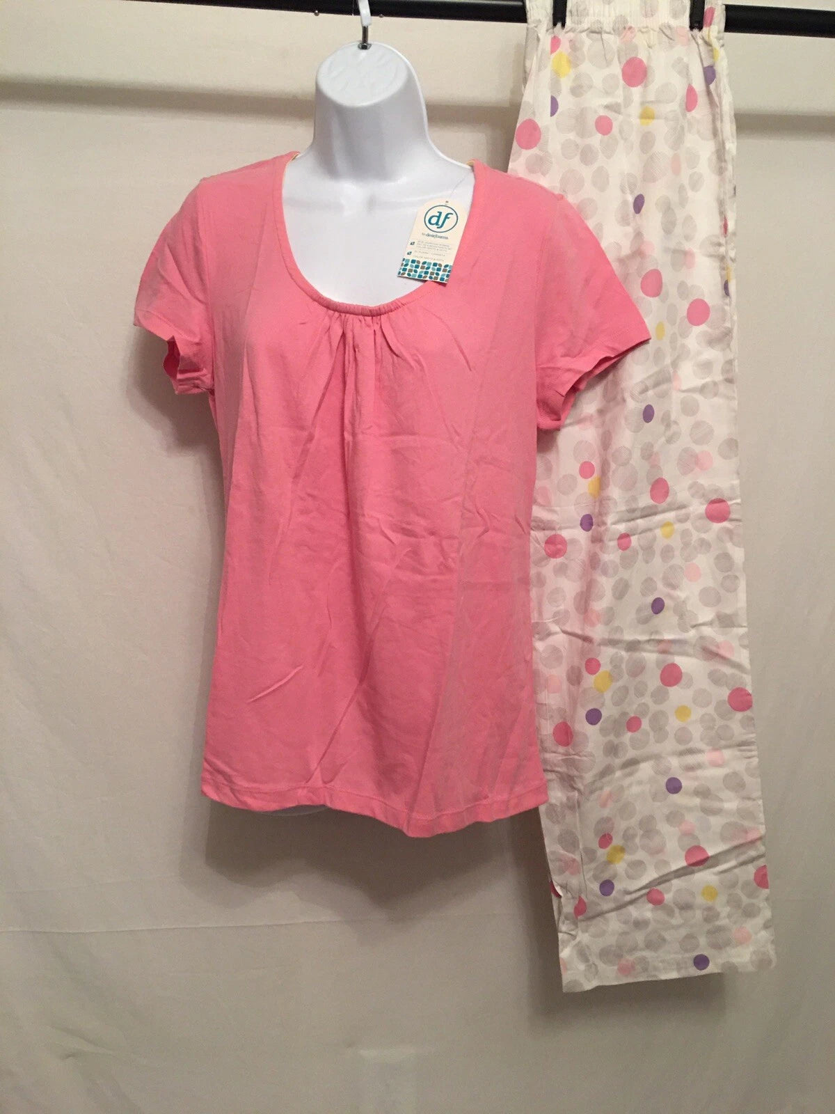 Dream cafe women's Scoop neck sleep shirt and pant pj set Large Pink pants dots