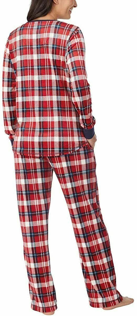 Nautica Women's 2 Piece Fleece Pajama Sleepwear Set Red White Plaid SMALL
