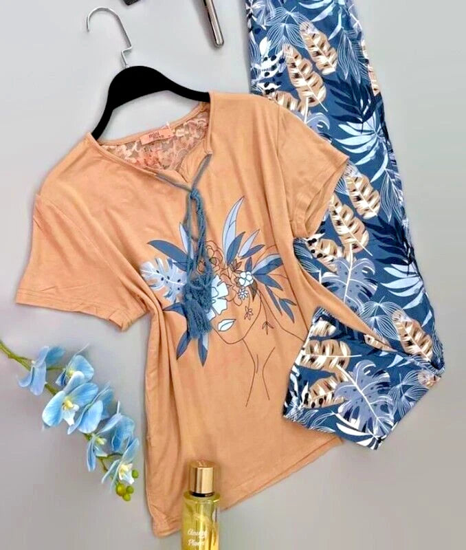 Mini Moon Women's Sleeveless T-Shirt & Pant Set Pyjamas Set Honey Color Size S