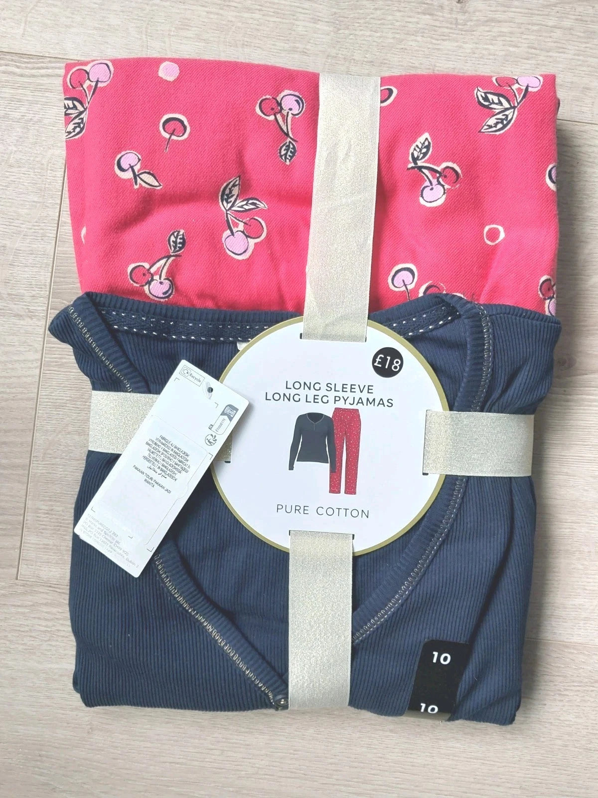 M&S Ladies Pyjama Set Size 10 Pink/ Navy Long Leg, Long Sleeve New