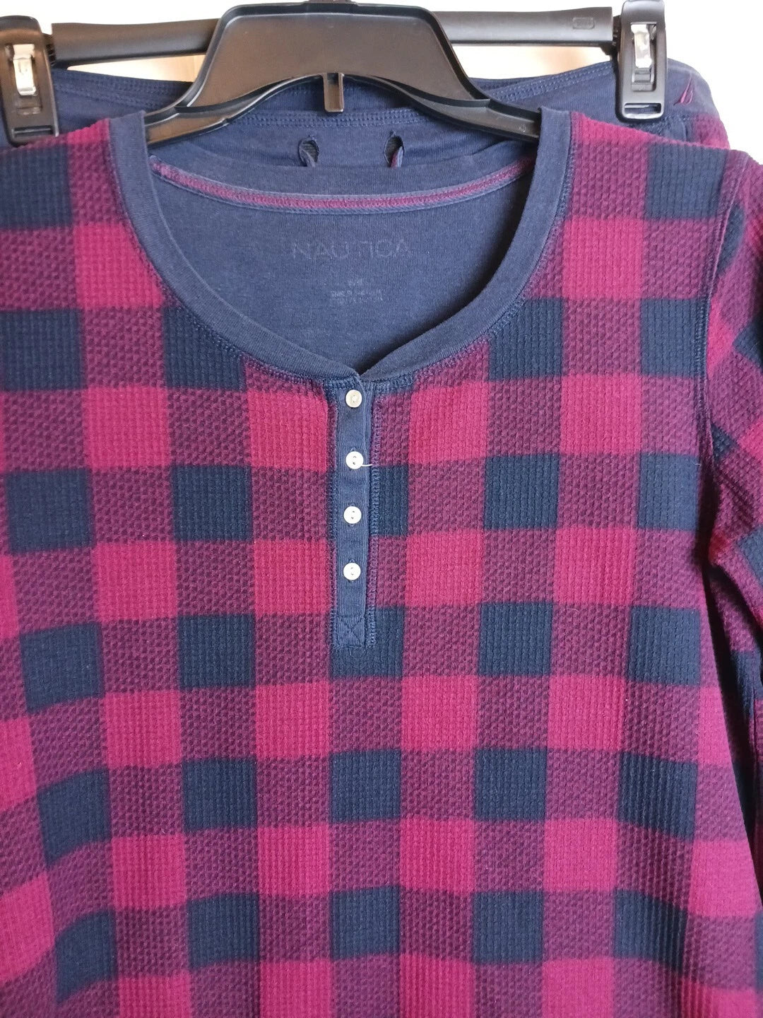 Nautica Pajama Set Womens Medium Waffle Thermal Blue Red Plaid #Q10