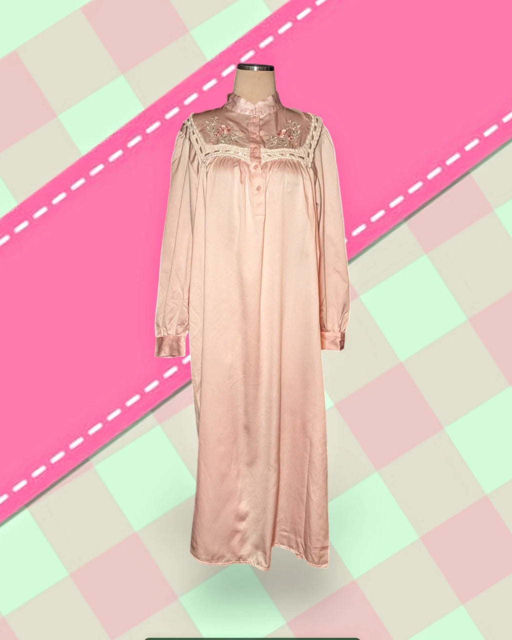 GO SOFTLY Pink Satin Cotton Lined Nightgown FLORAL Embroidered Women's Small
