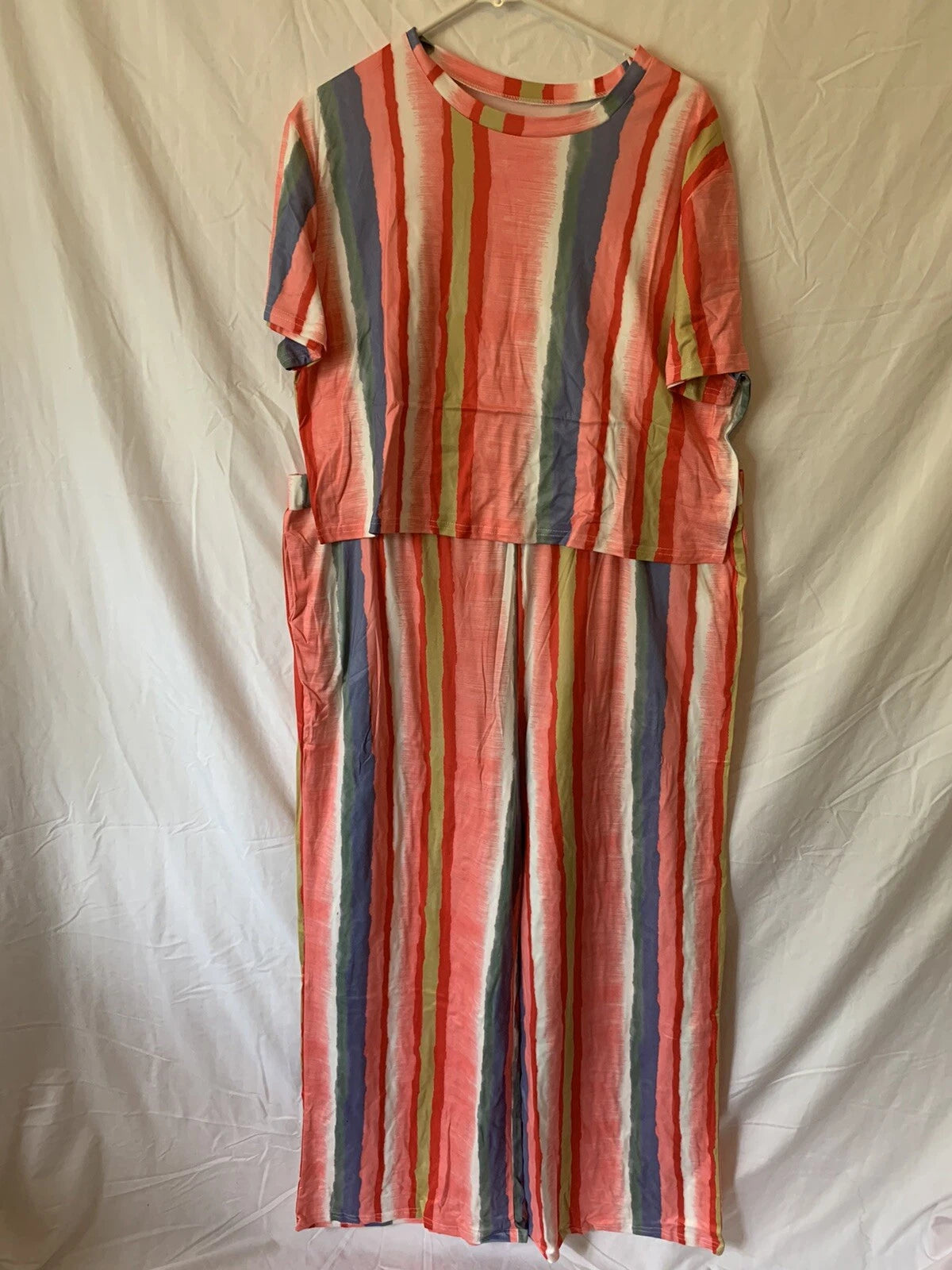 5XL Pink Multicolor Striped Summer Cool Shirt Pants Pajama Set