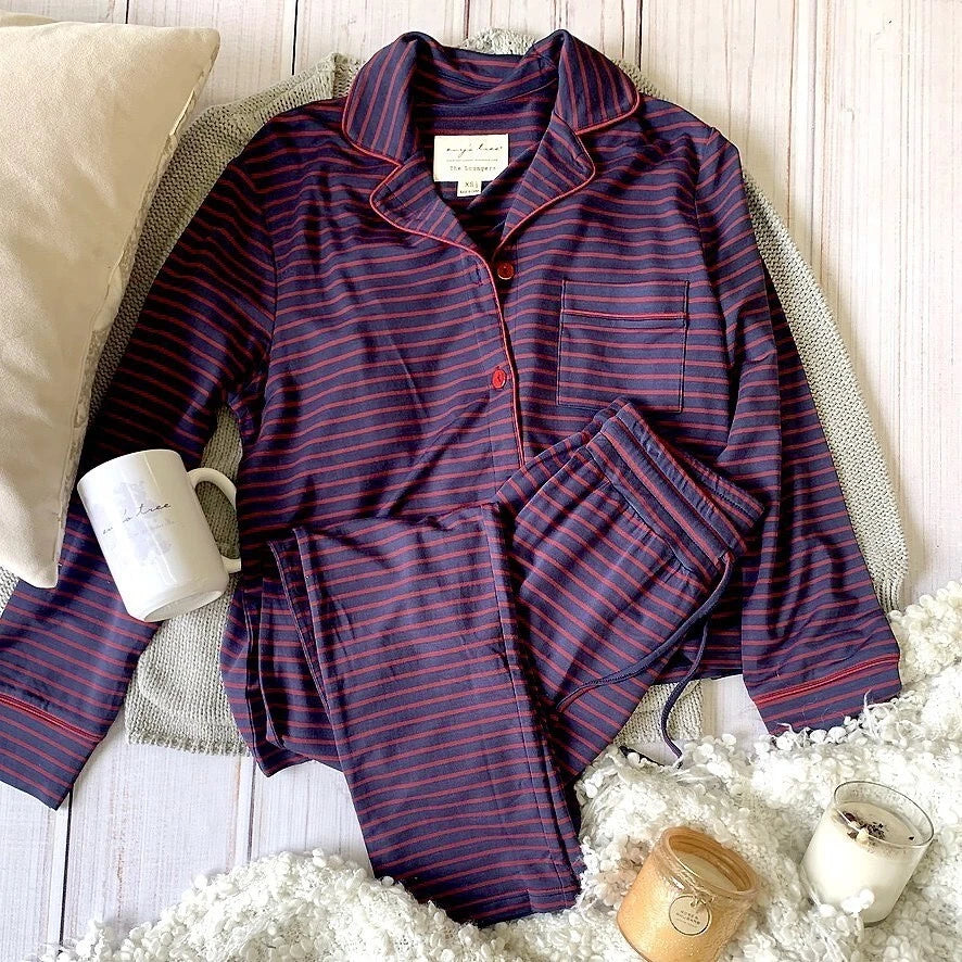 NWT Size XS Evy's Tree Loungers Pajamas in Navy and Red Stripe