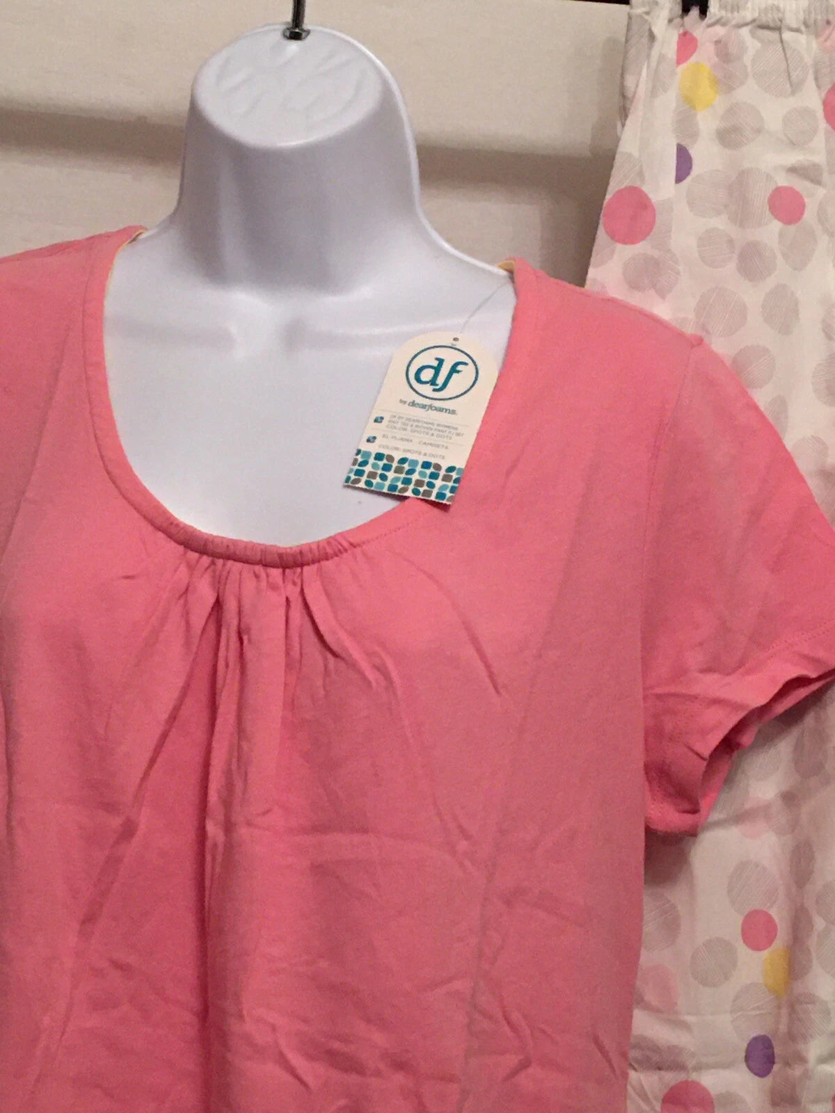 Dream cafe women's Scoop neck sleep shirt and pant pj set Large Pink pants dots