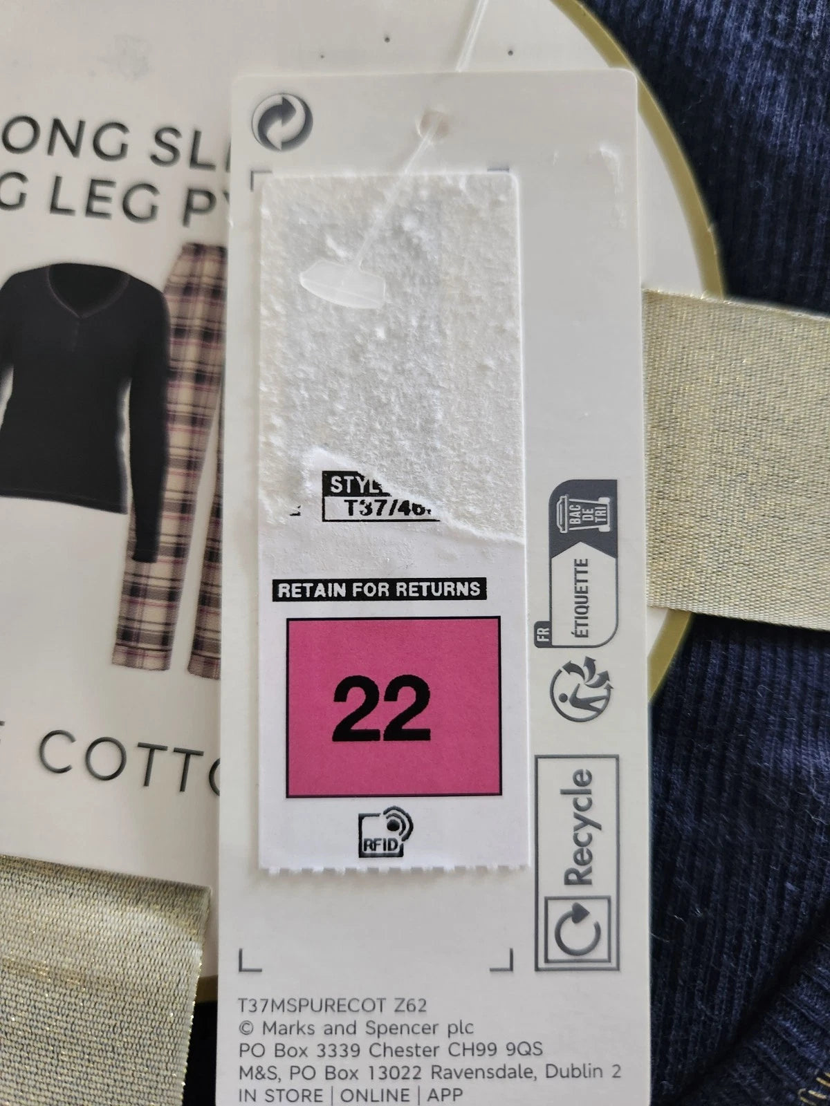M&S Checked Long Sleeve Long Leg Pyjama Set - PURE COTTON - Size XL (22)