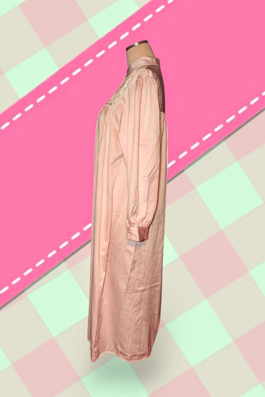 GO SOFTLY Pink Satin Cotton Lined Nightgown FLORAL Embroidered Women's Small
