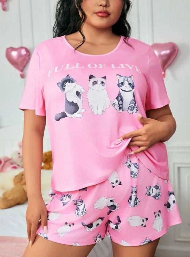 PYJAMA PLUS SIZE 18 20 22 24 26 PINK CAT STRETCH LOUNGEWEAR SHORTS COMFORT