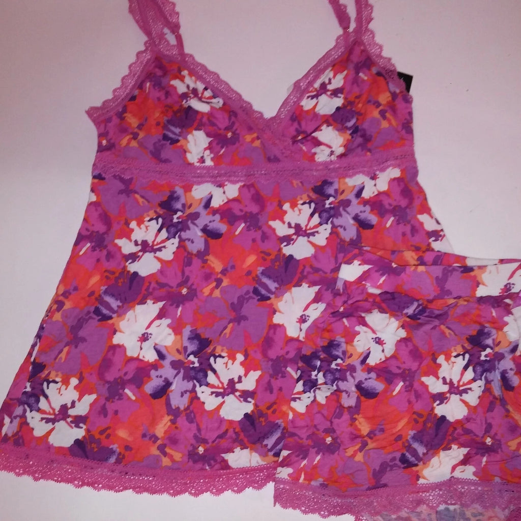 Valeria Bertinelli Camisole Set Tank Top & Shorts Medium Pink Orange Lace Trim