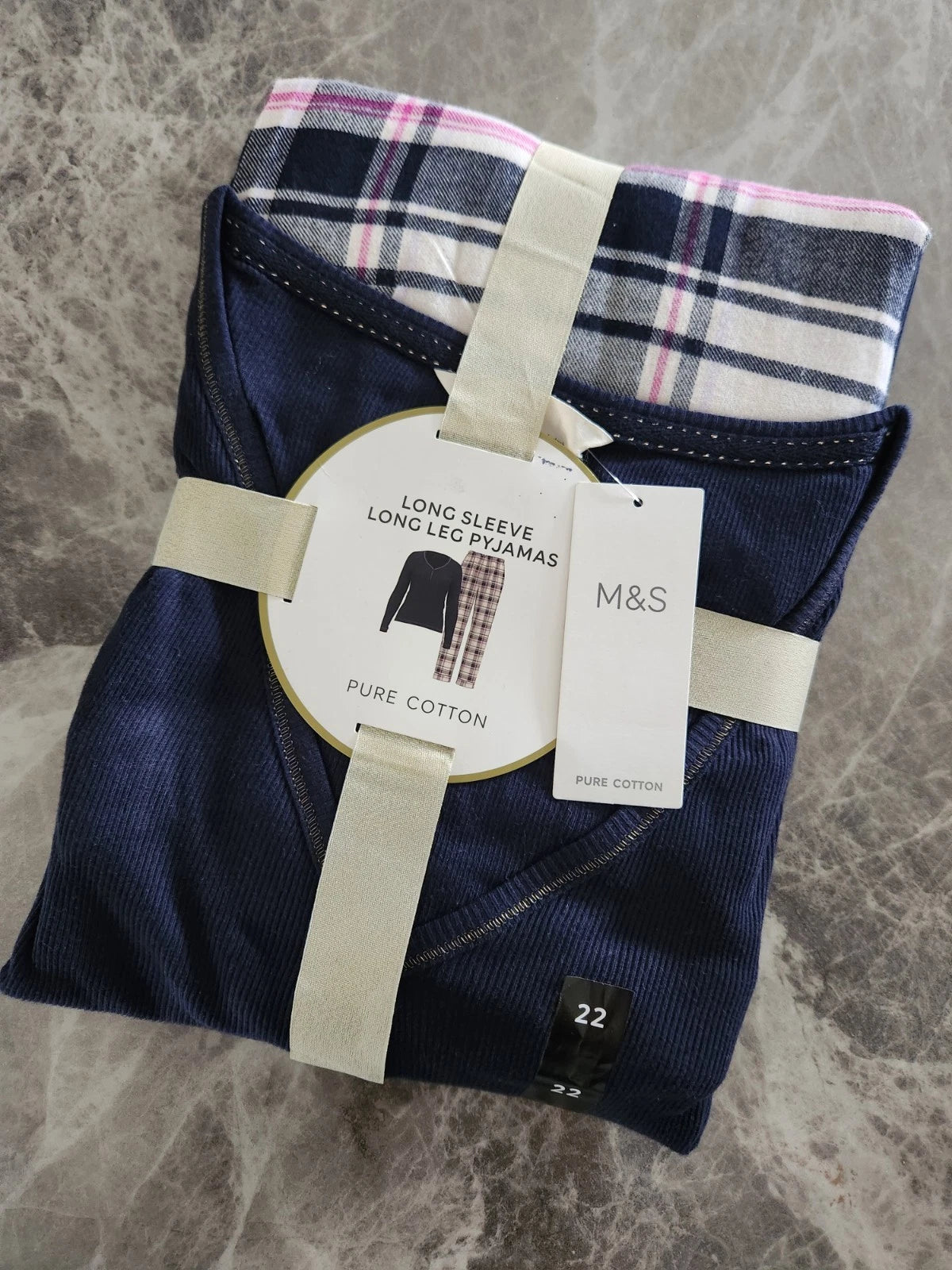 M&S Checked Long Sleeve Long Leg Pyjama Set - PURE COTTON - Size XL (22)
