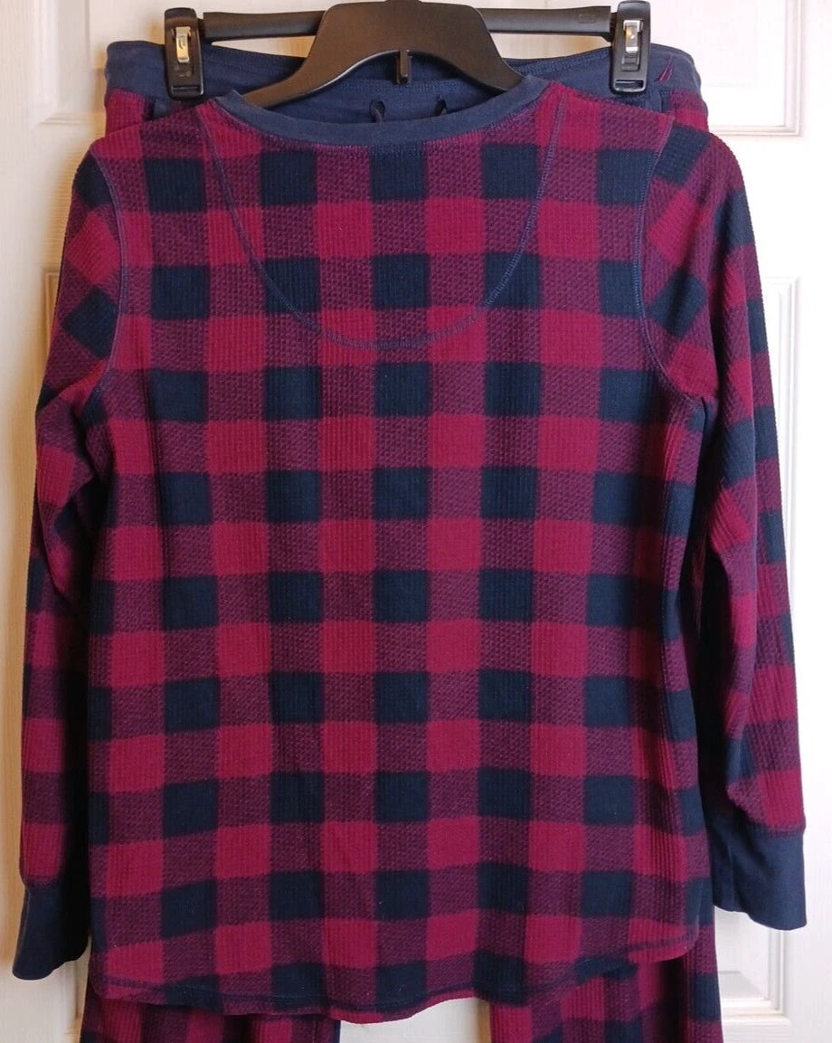 Nautica Pajama Set Womens Medium Waffle Thermal Blue Red Plaid #Q10