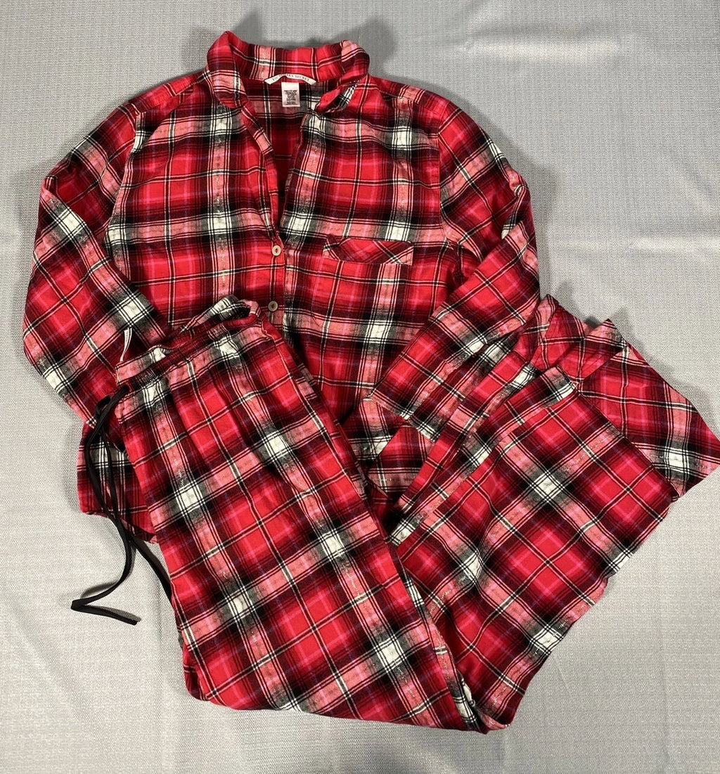 Victorias Secret Pajama Set Womens Small Plaid Red White Metallic Long Sleeve