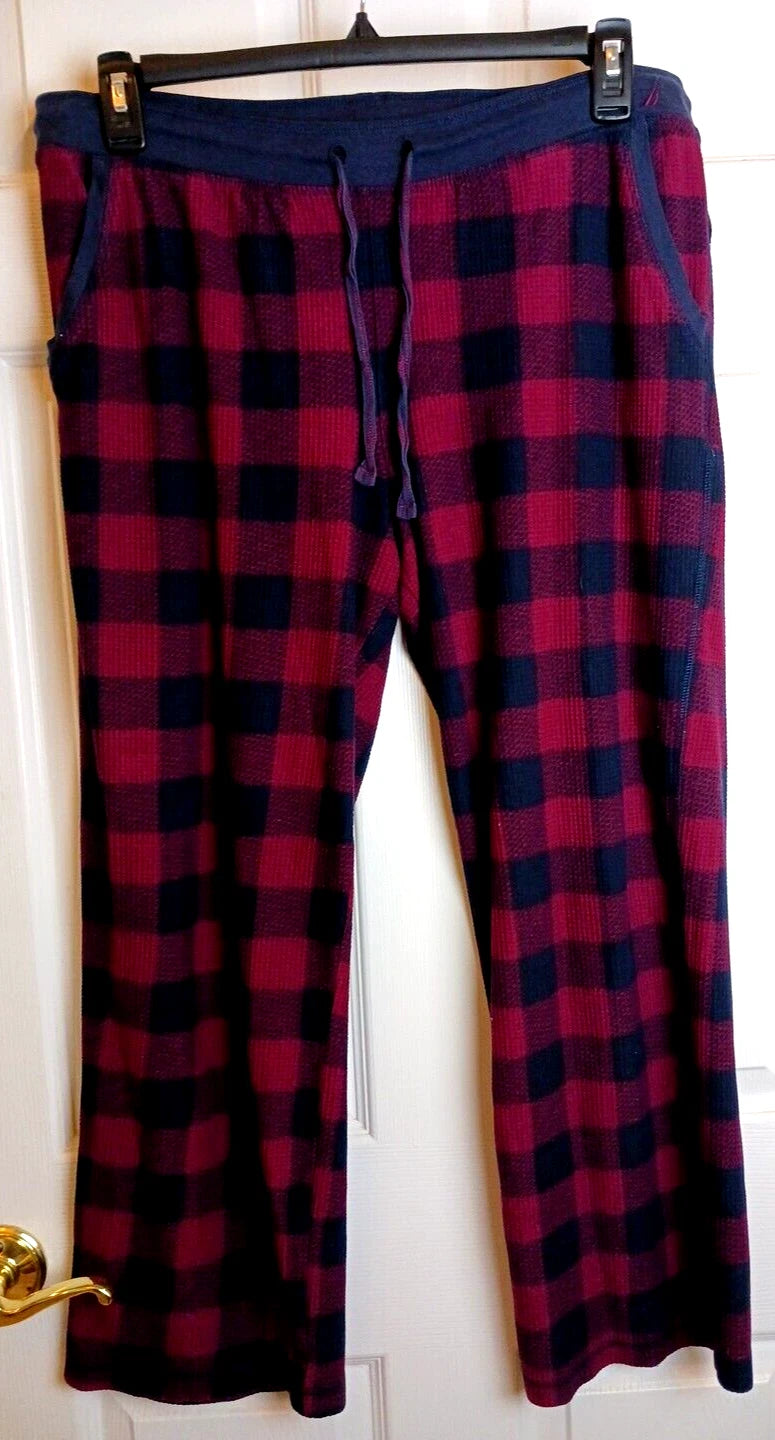 Nautica Pajama Set Womens Medium Waffle Thermal Blue Red Plaid #Q10