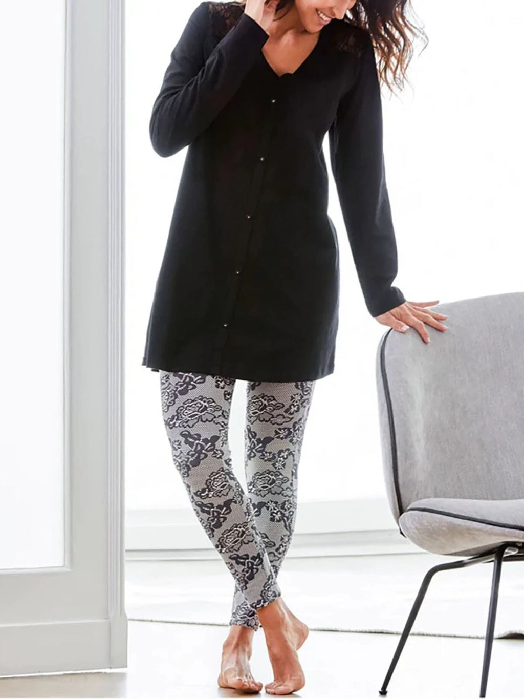 BPC BLACK COTTON LACE PRINT PYJAMA LEGGING SET - 10/12 14/16 18/20 22/24 26/2
