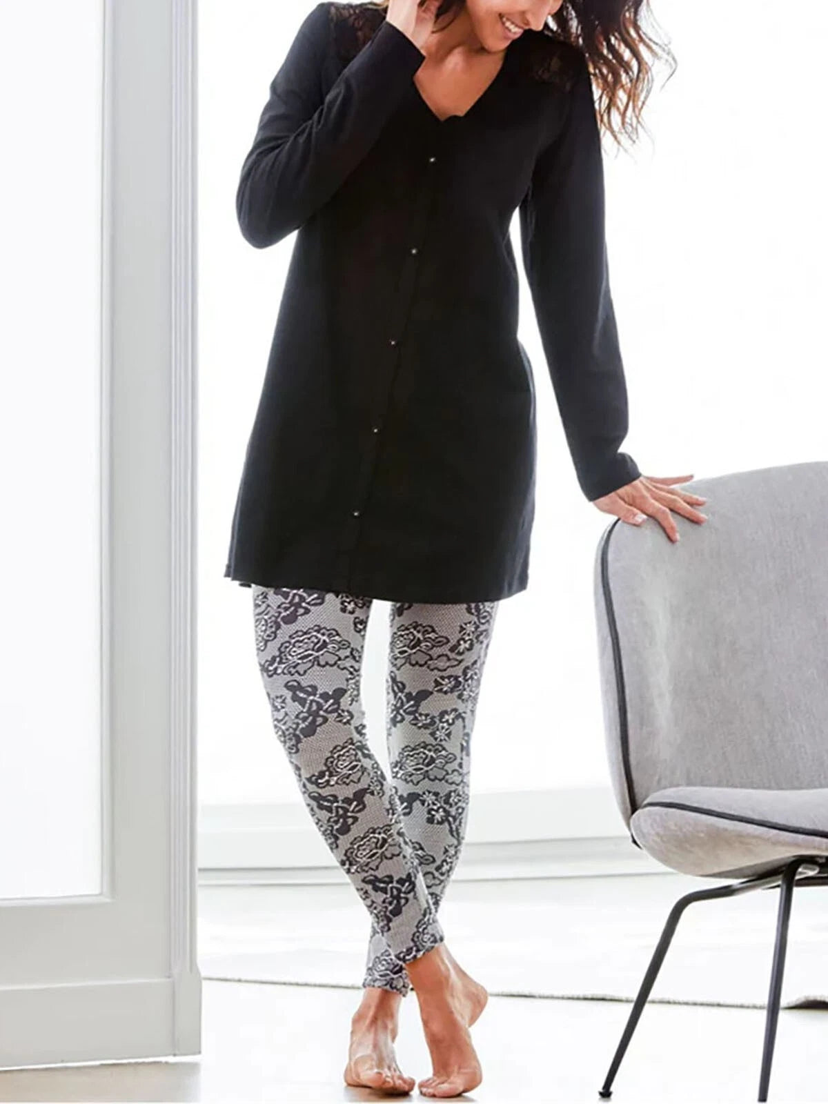 BPC BLACK COTTON LACE PRINT PYJAMA LEGGING SET - 10/12 14/16 18/20 22/24 26/2