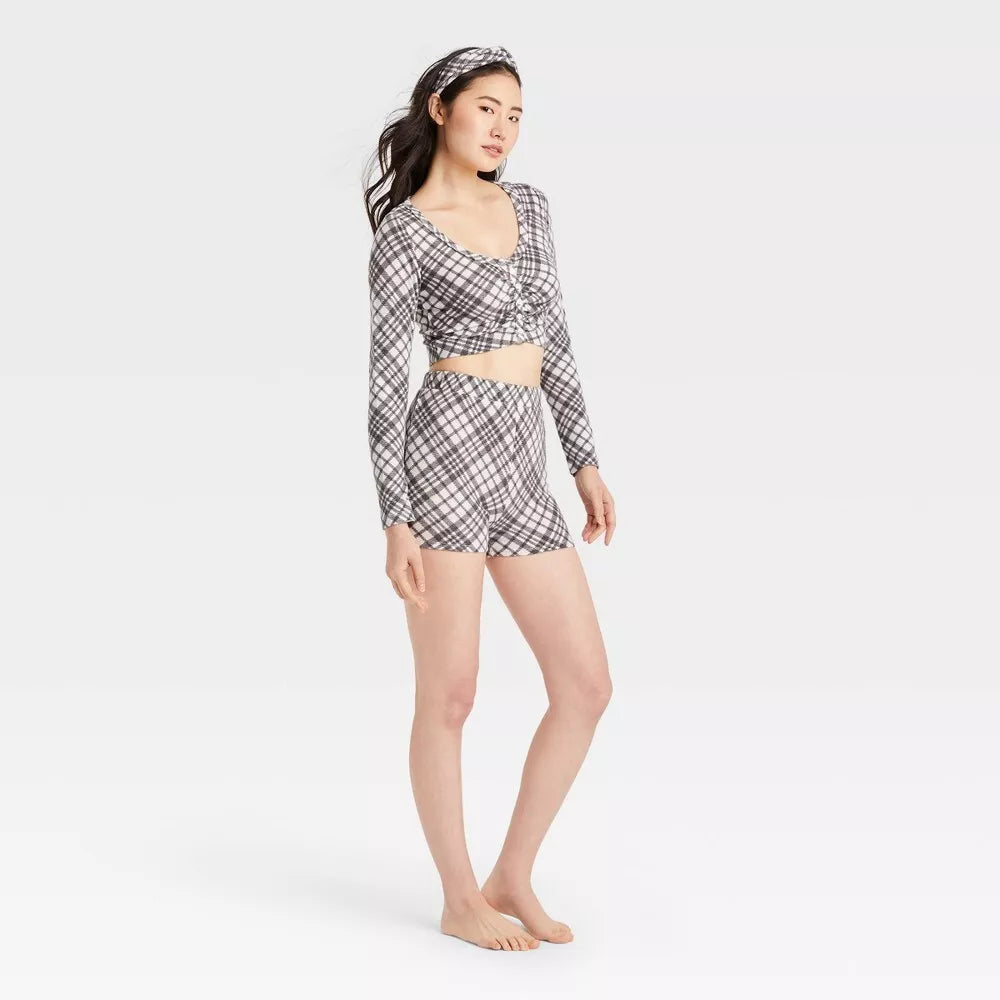 Women's 3pc Plaid Headband and Pajama Set - Colsie Gray XS