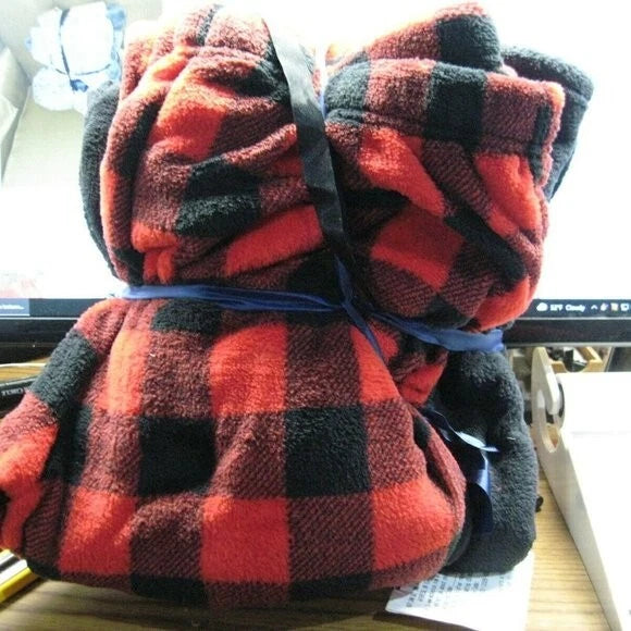 New Women Isotoner 2 Piece Pajama Set Fleece Pants Top Red Black Buffalo Plaid L