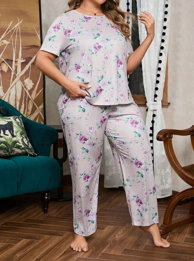 PYJAMA PLUS 20 22 24 26 28 PINK ROSE FLORAL PRINT STRETCH LOUNGEWEAR COMFORT