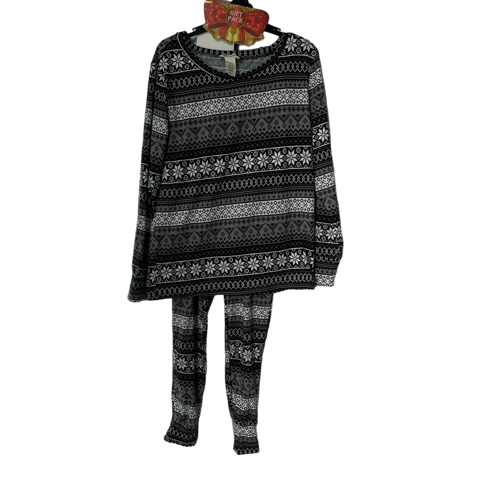 Shosho Snowflakes Fair Isle Pajama Set Womens L Black Polyester Blend NEW