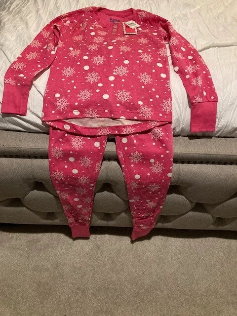 BOTTOMS OUT GAL WOMEN'S WAFFLE KINT PJ SET Pink w/Snowflakes SMALL NEW w/ TAGS