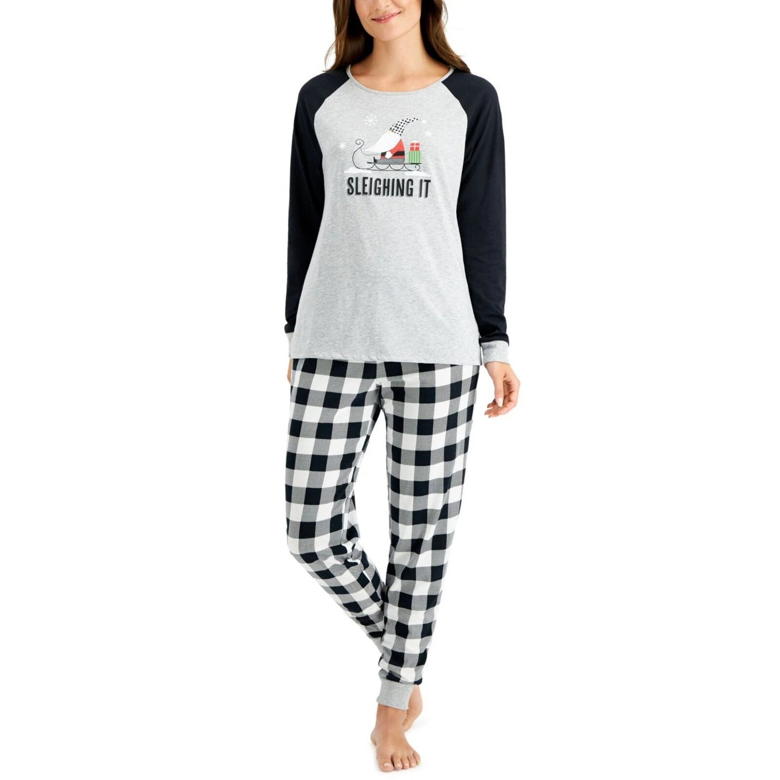 New Family Pajamas Womens 2 Pcs Sleighing It Pajama Set, Black/White, Small