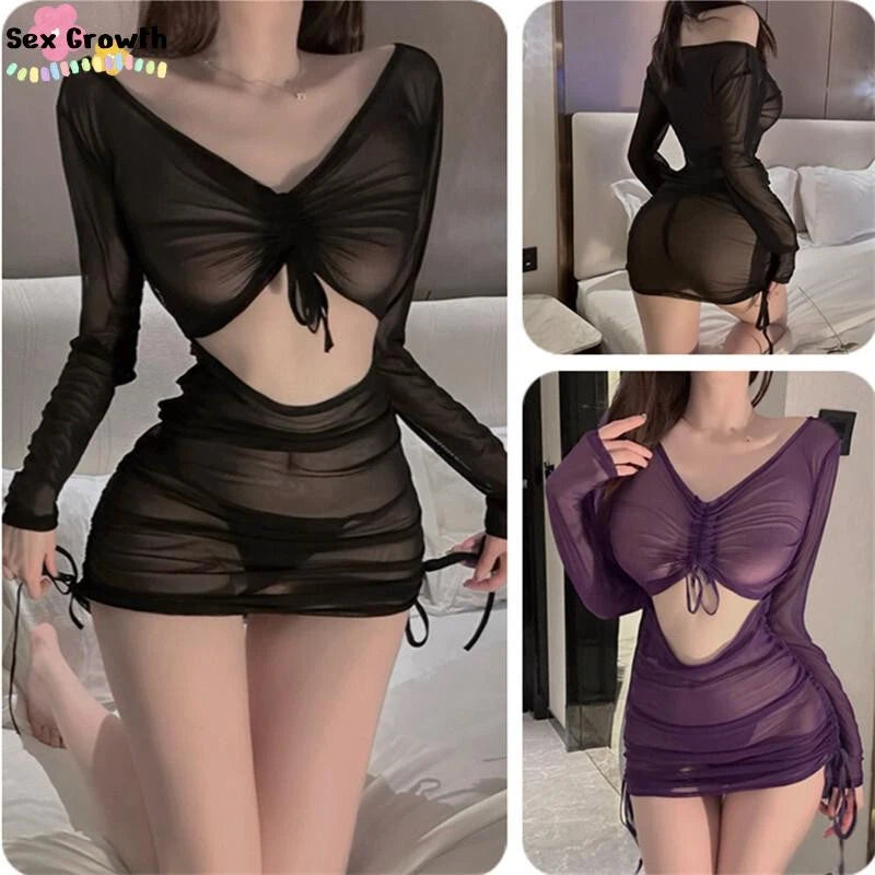 New Sexy Lingerie Lace-up Pleated Women's Pajama Set with Tight-fitting Skirt