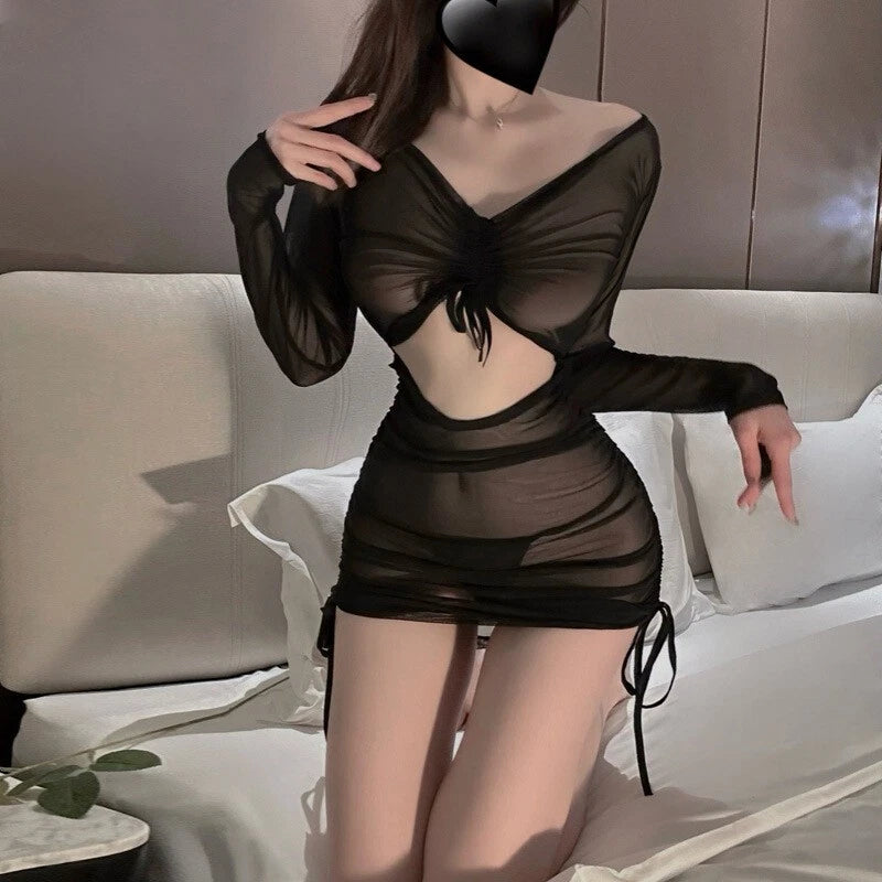 New Sexy Lingerie Lace-up Pleated Women's Pajama Set with Tight-fitting Skirt