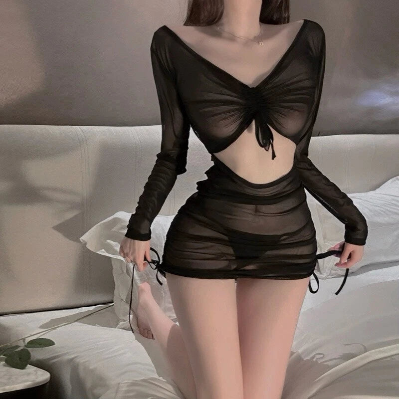 New Sexy Lingerie Lace-up Pleated Women's Pajama Set with Tight-fitting Skirt