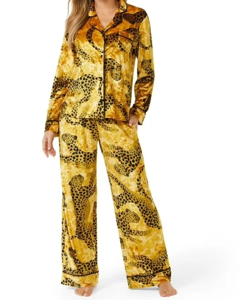 Sofia Vergara Womens Velvety Gold Leopard Button Front Pajamas Sleep Set Size M
