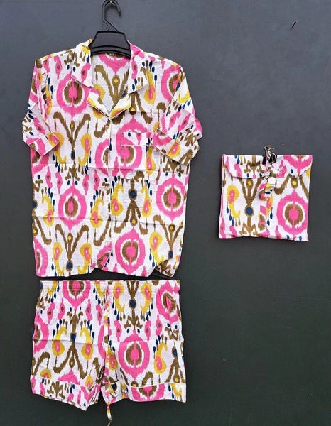 Indian 100% Cotton Woven Fabric Women's Casual Floral Print Pajama Set withShort