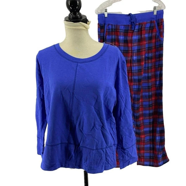 Nautica Pajama Set Blue Plaid Fleece Cozy Small Womens