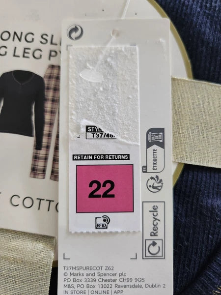 M&S Checked Long Sleeve Long Leg Pyjama Set - PURE COTTON - Size XL (22)